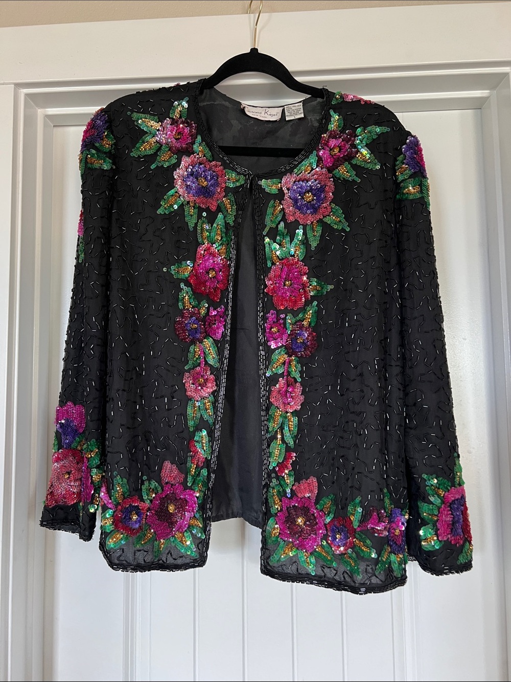 Laurence Kazar 100% Silk Beaded Sequin Floral Jacket Size Large Vintage Black